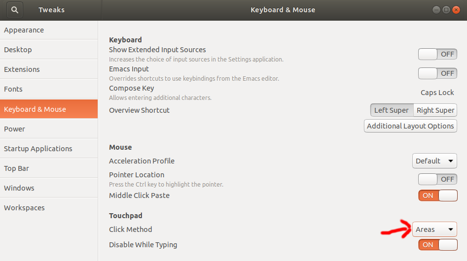 The gnome-tweak-tool mouse and touchpad tab